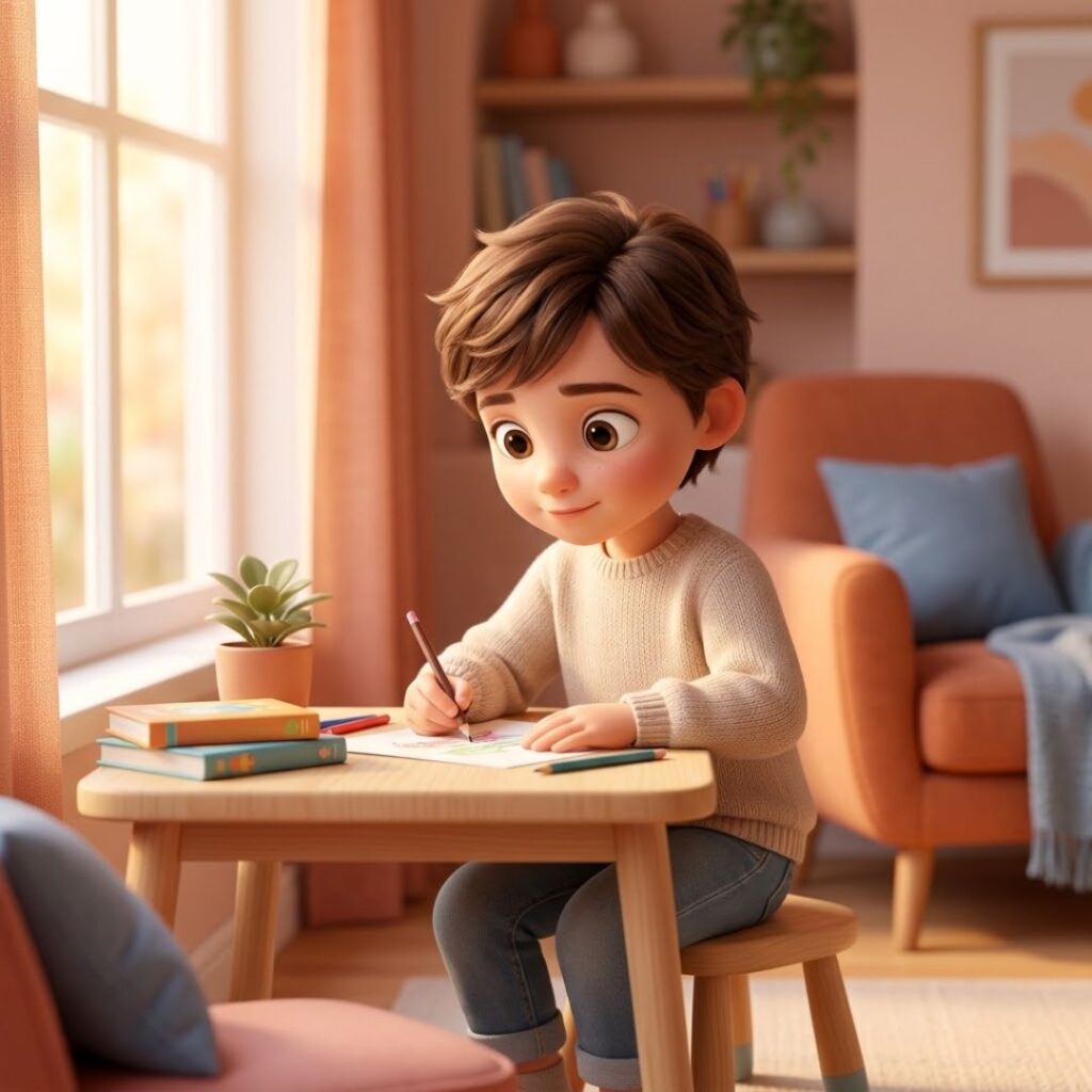 Bambino disegna durante un incontro dei gruppi di parola per figli di genitori separati