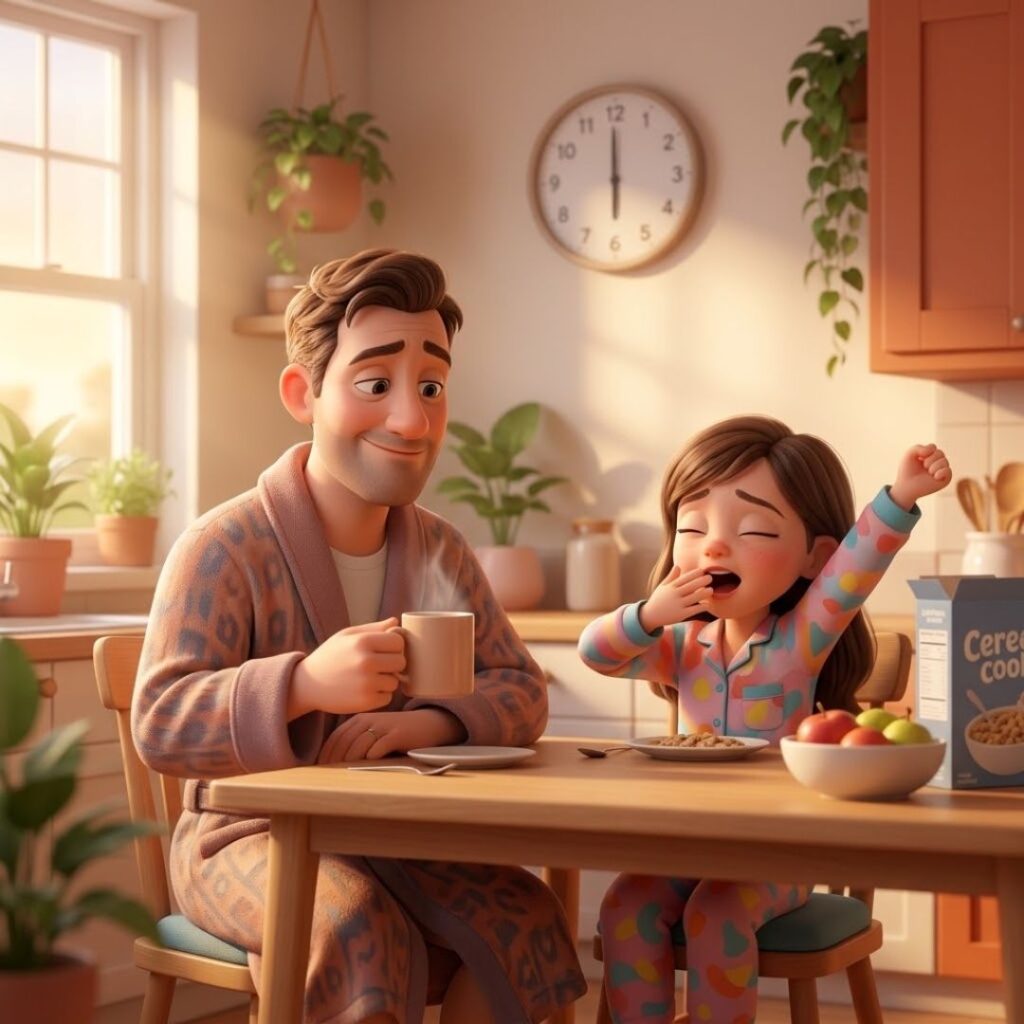 Come abituare i bambini al cambio dell'ora? Padre e figlia assonnata in cucina all'alba: abituare i bambini al cambio dell'ora dopo una notte corta