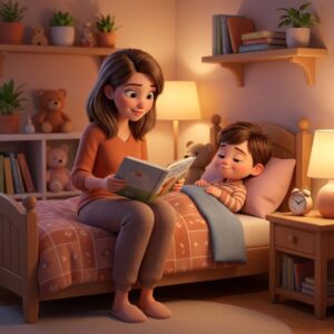 Come abituare i bambini al cambio dell'ora? Mamma legge una storia al figlio a letto, su come abituare i bambini al cambio dell'ora